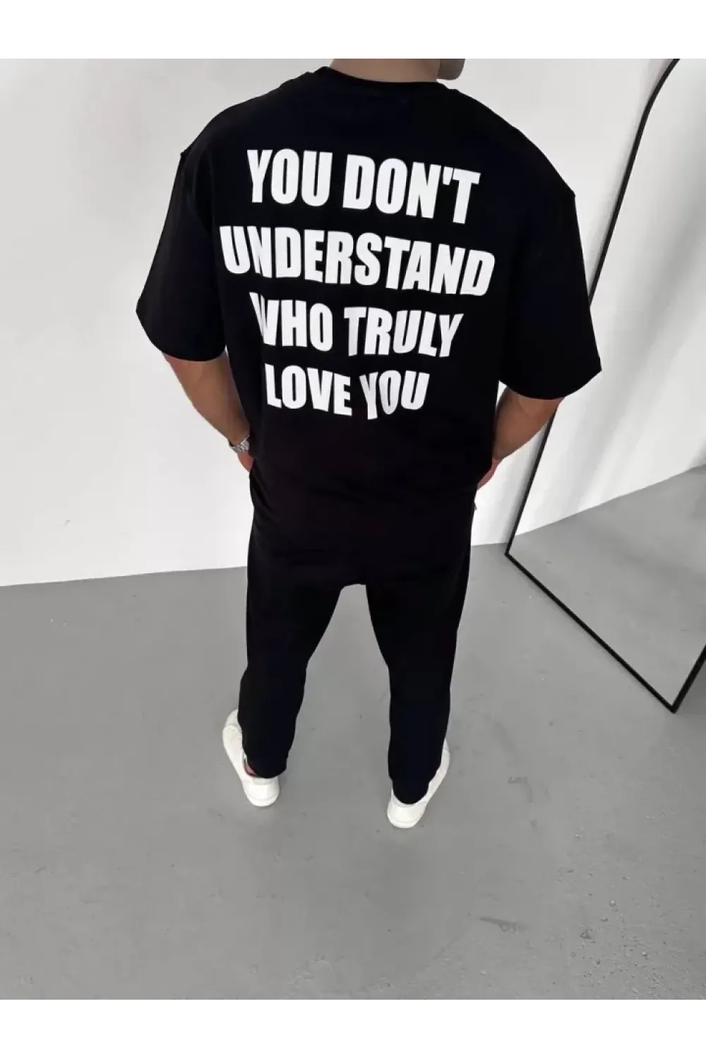 Unisex Bisiklet Yaka Baskılı Oversize T-Shirt - Siyah