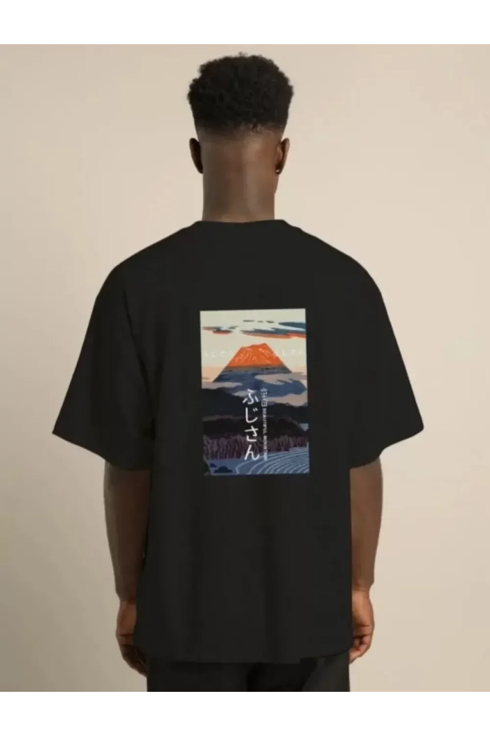 Unisex Bisiklet Yaka Baskılı Oversize T-Shirt - Siyah