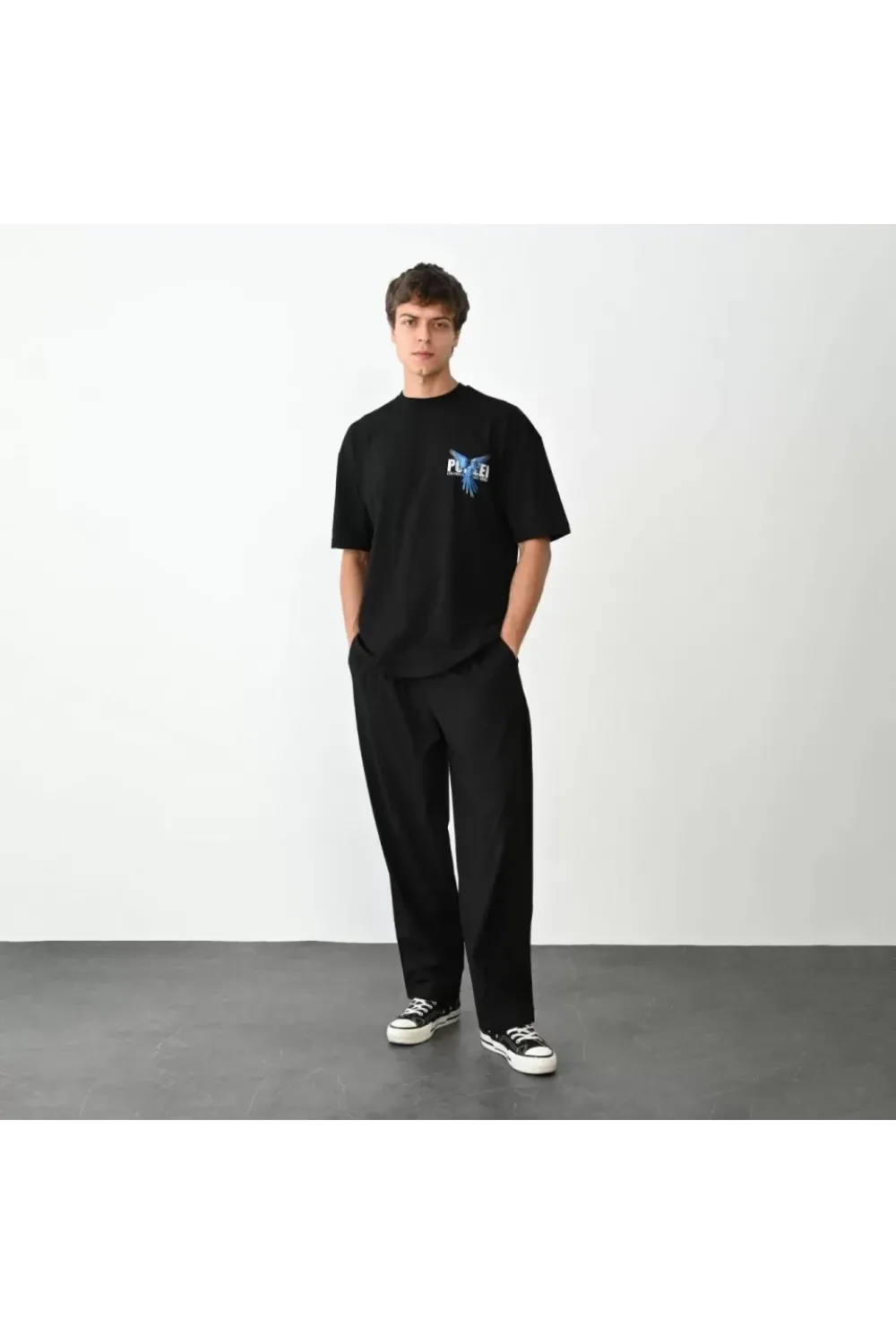 Unisex Bisiklet Yaka Baskılı Oversize T-Shirt - Siyah