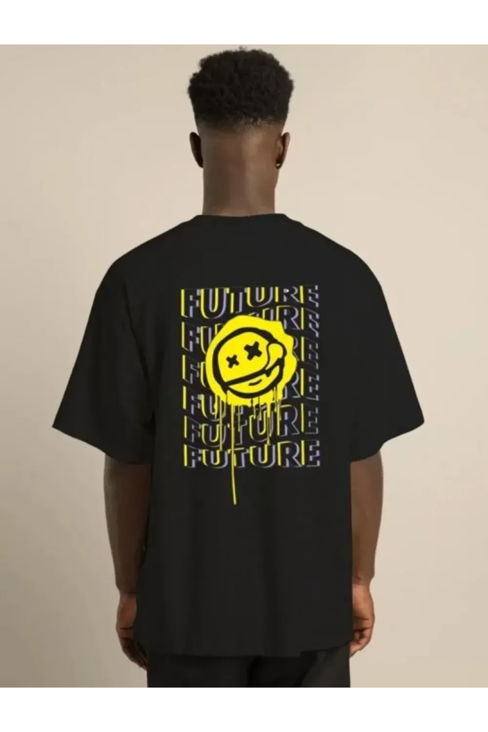 Unisex Bisiklet Yaka Baskılı Oversize T-Shirt - Siyah