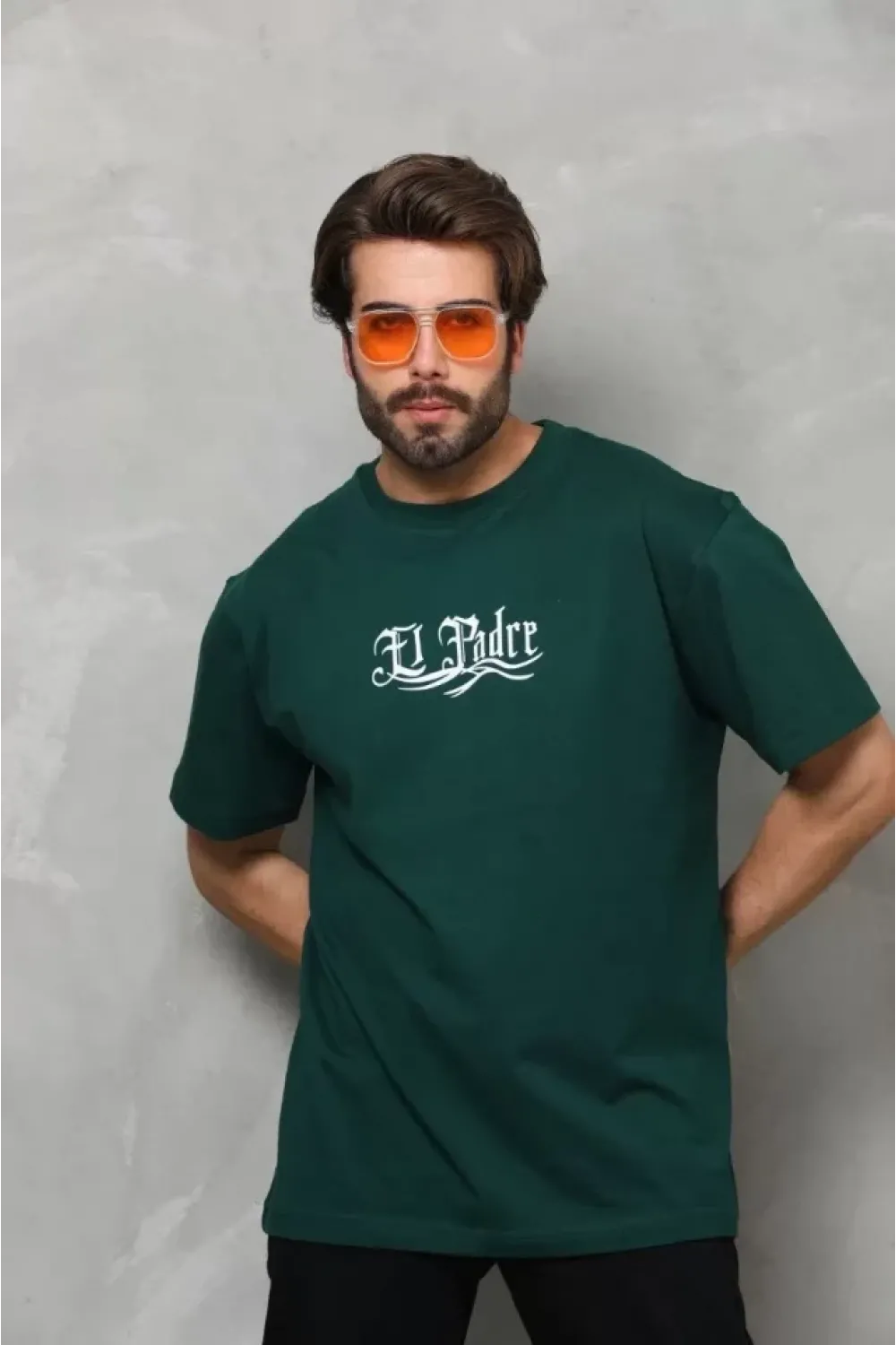 Unisex Bisiklet Yaka Baskılı Oversize T-Shirt - Yeşil