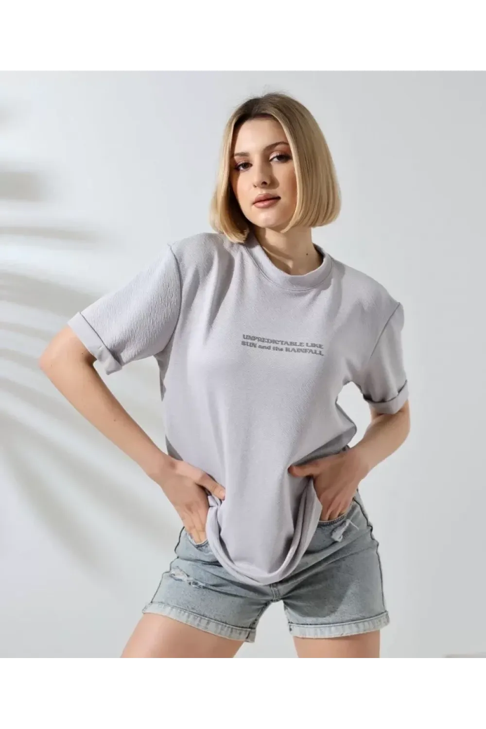 Unisex Bisiklet Yaka Baskılı Slim Fit T-Shirt - Boyalı Gri