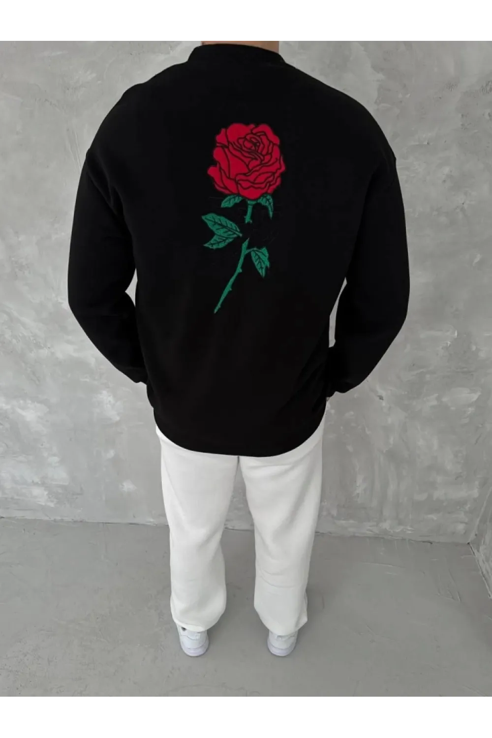 Unisex Bisiklet Yaka Ön Ve Arka Baskılı SweatShirt - Siyah