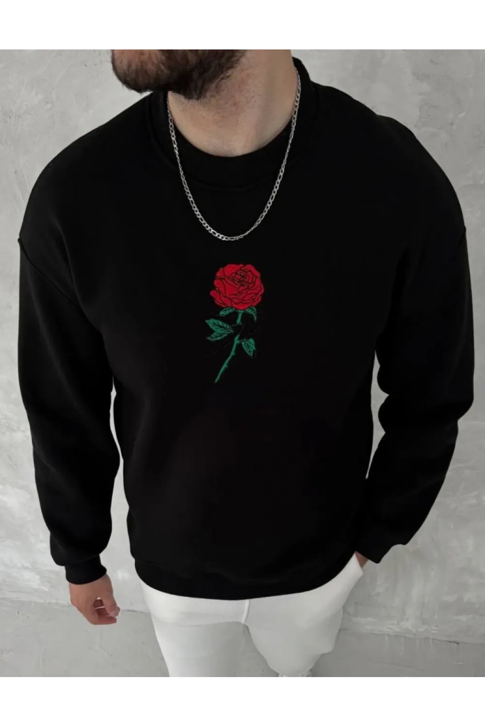 Unisex Bisiklet Yaka Ön Ve Arka Baskılı SweatShirt - Siyah