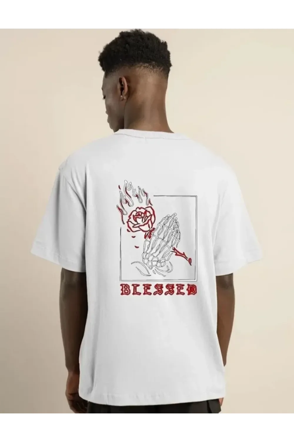 Unisex Bisiklet Yaka Oversize Baskılı T-Shirt - Beyaz