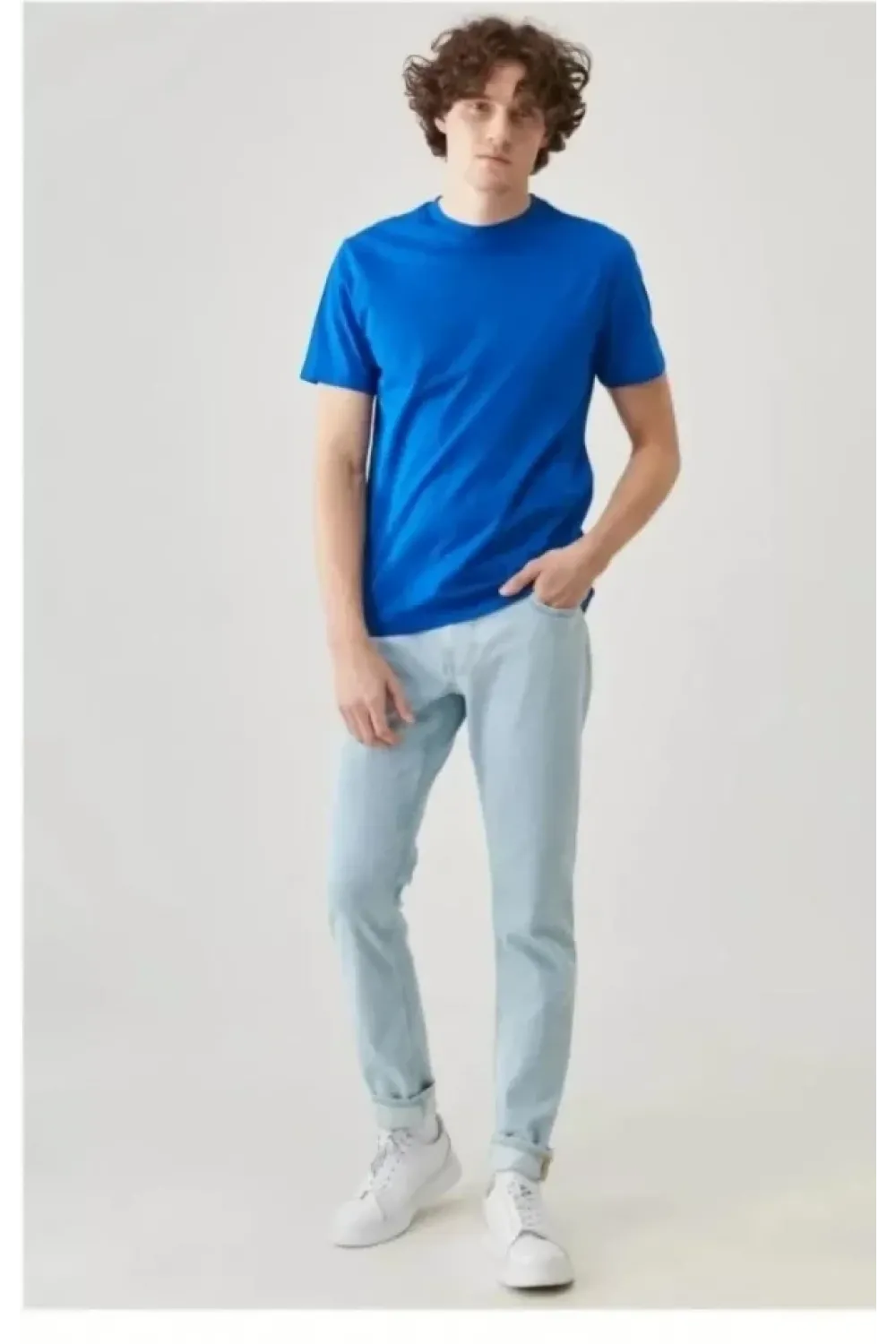 Unisex Düz Biskilet Yaka Oversize T-shirt - Mavi