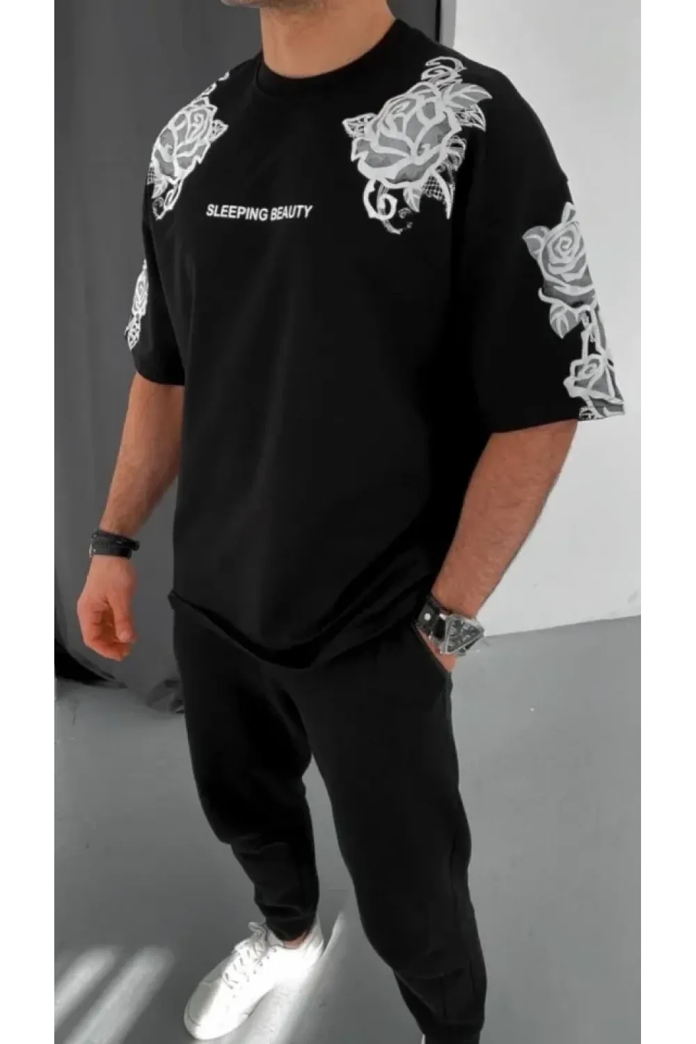 Unisex Flok Kabartma Baskılı T-Shirt - Siyah