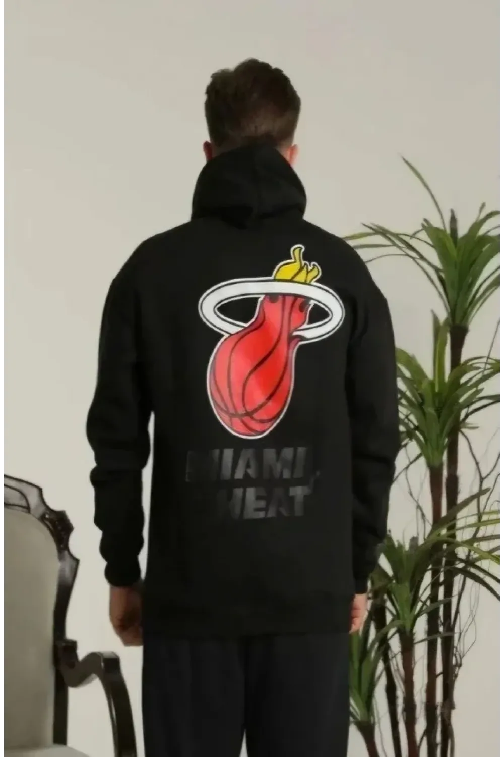 Unisex Kapşonlu Baskılı Sweetshirt - Siyah
