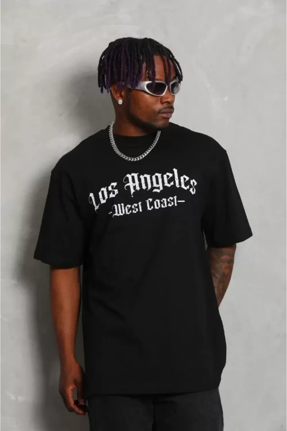 Unisex Oversize Baskılı Bisiklet Yaka T-Shirt - Siyah