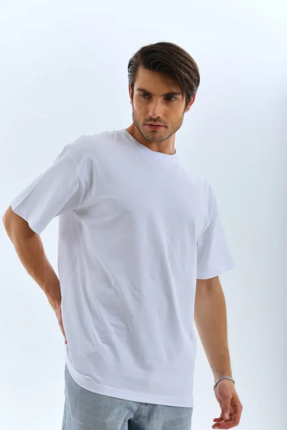 Unisex Oversize Düz Bisiklet Yaka T-Shirt - Beyaz