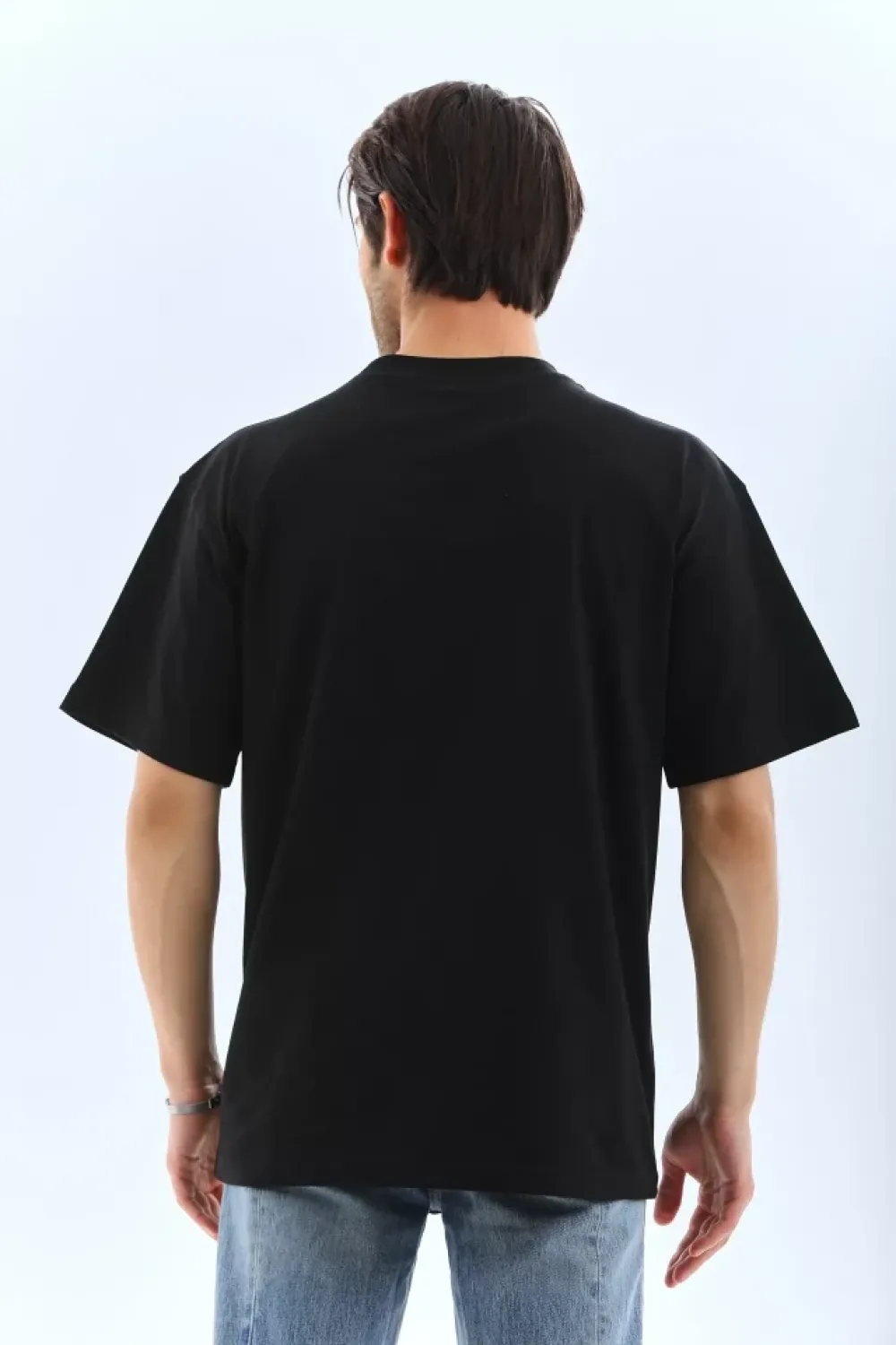 Unisex Oversize Düz Bisiklet Yaka T-Shirt - Siyah