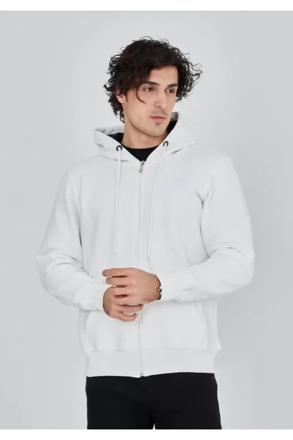 Unisex Tam Fermuarlı Kapşonlu  SweatShirt - Beyaz