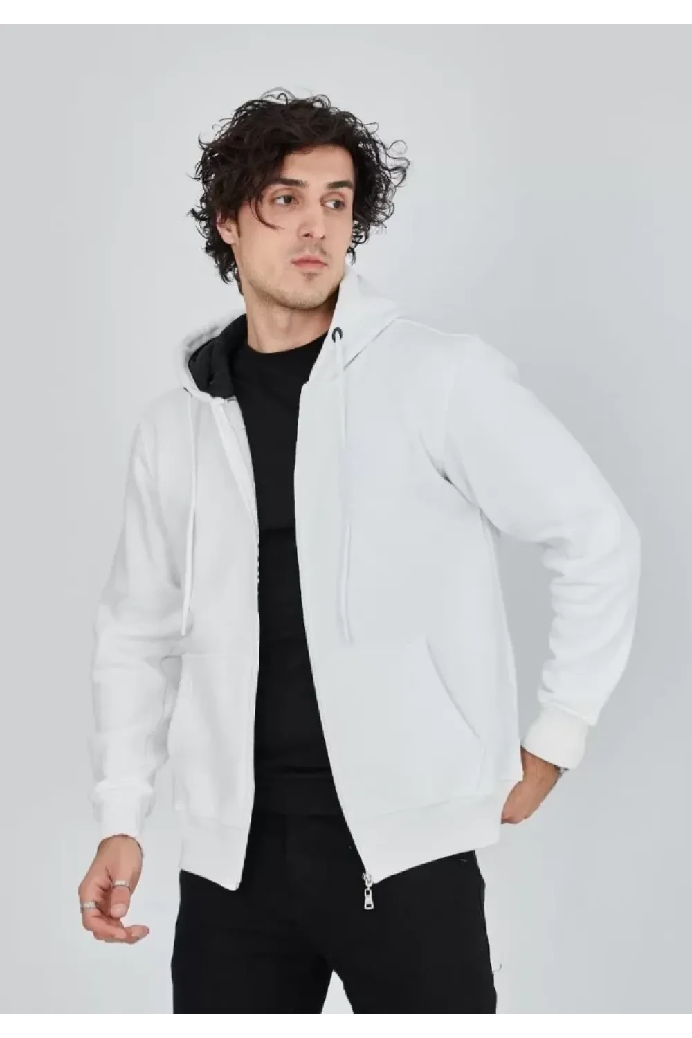 Unisex Tam Fermuarlı Kapşonlu  SweatShirt - Beyaz