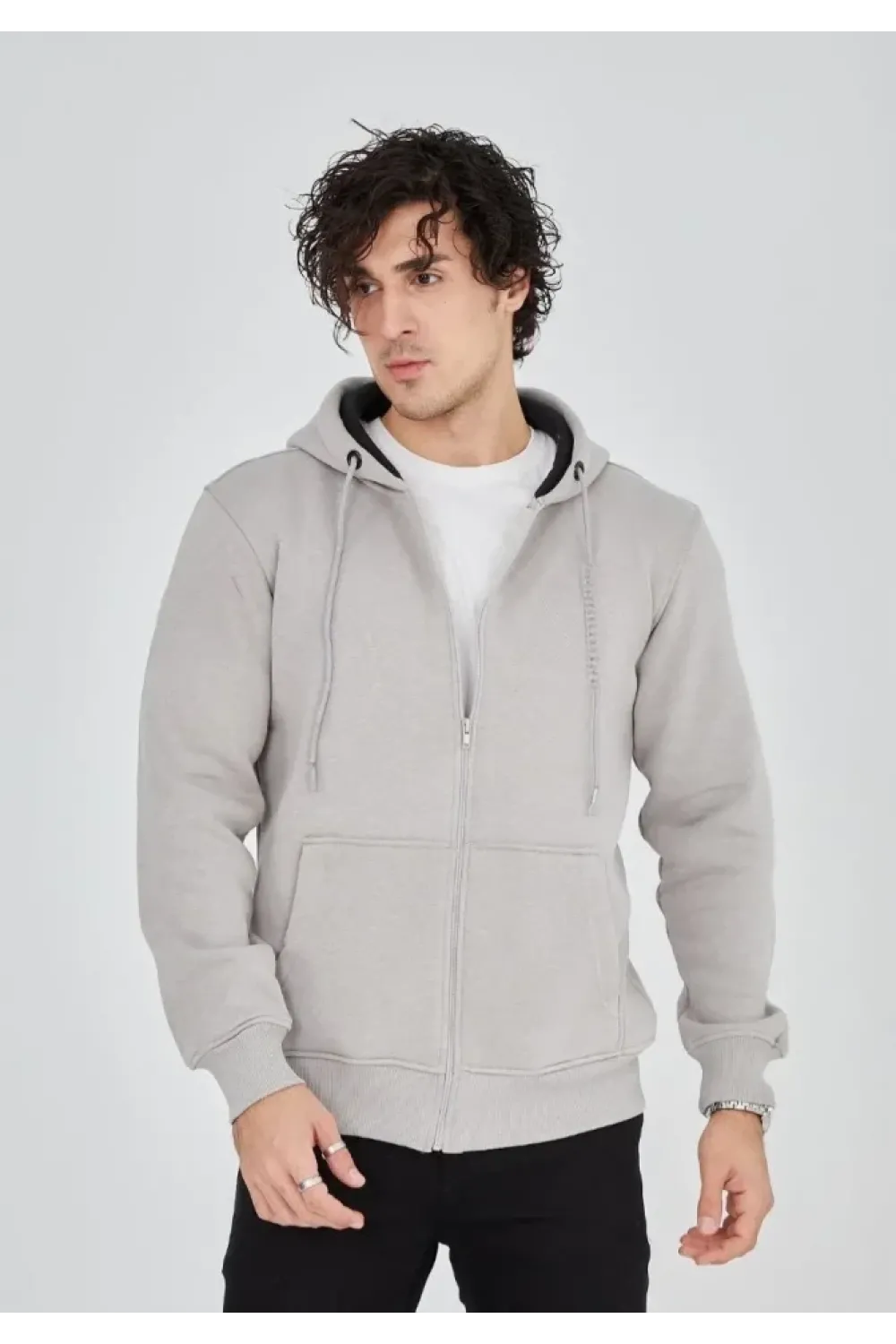 Unisex Tam Fermuarlı Kapşonlu  SweatShirt - Boyalı Gri