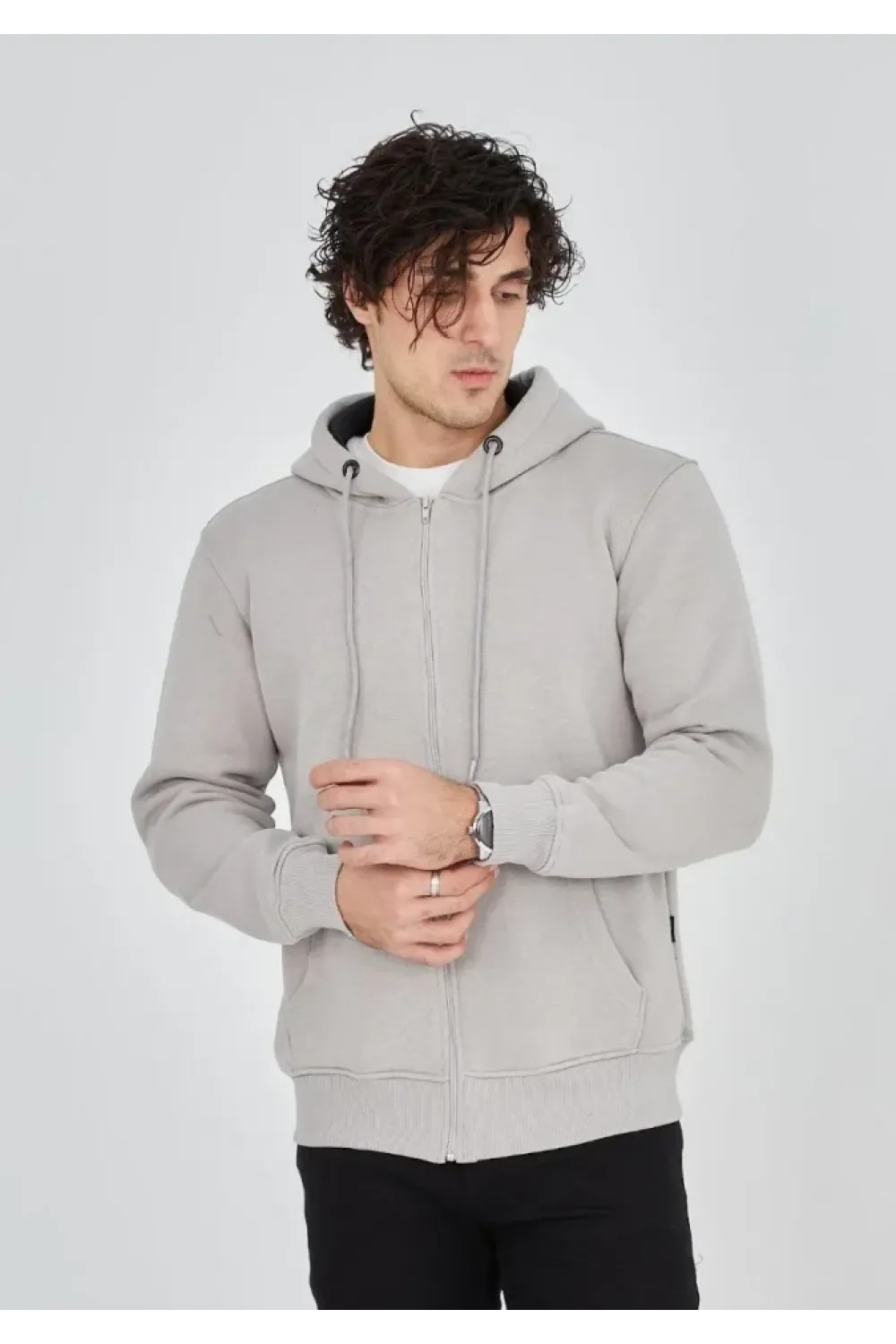 Unisex Tam Fermuarlı Kapşonlu  SweatShirt - Boyalı Gri