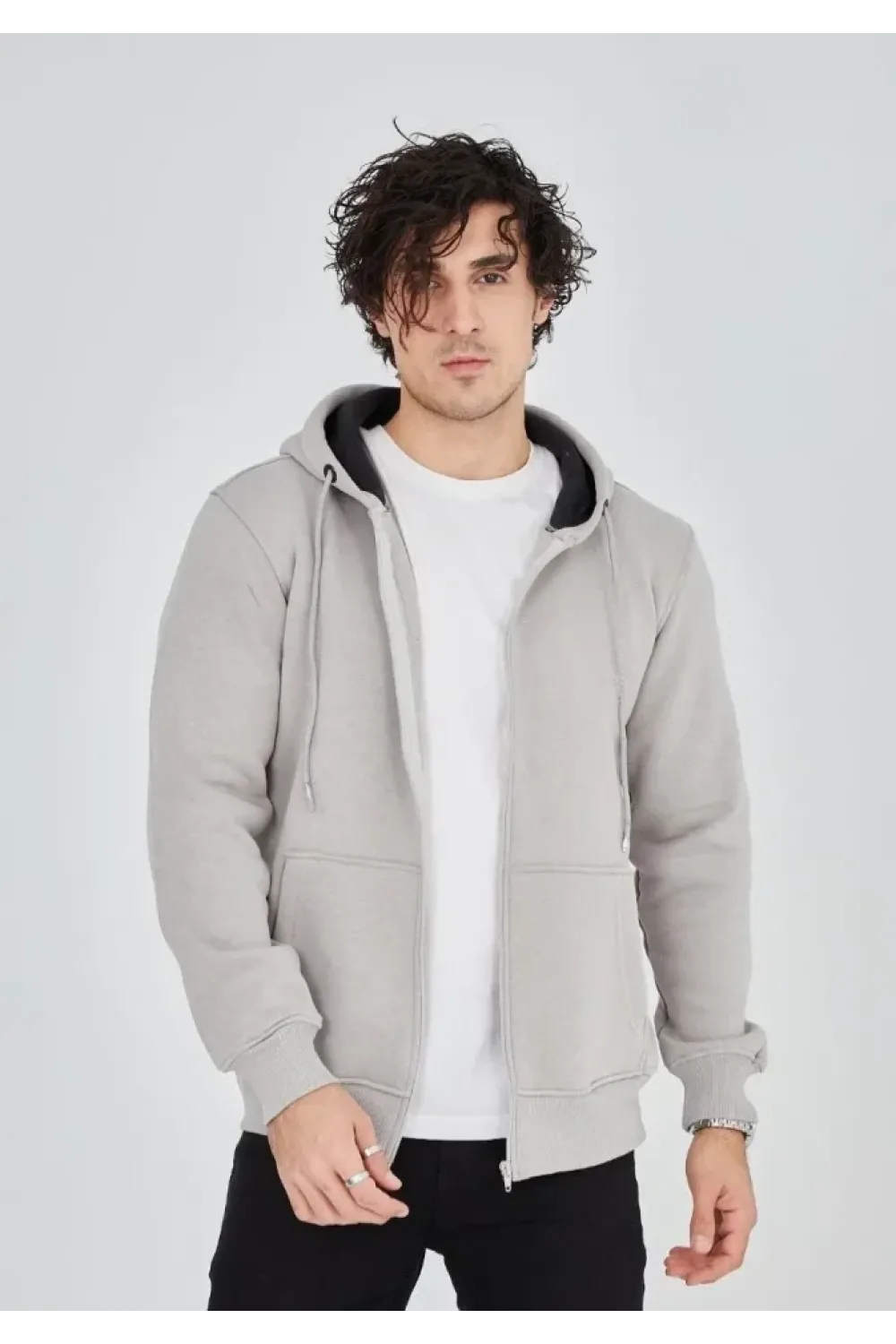 Unisex Tam Fermuarlı Kapşonlu  SweatShirt - Boyalı Gri
