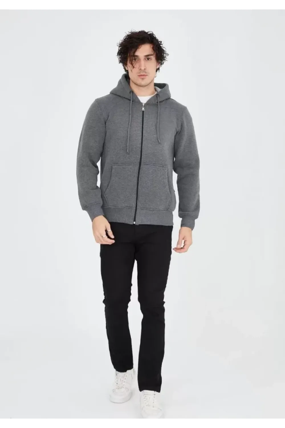 Unisex Tam Fermuarlı Kapşonlu  SweatShirt - Füme
