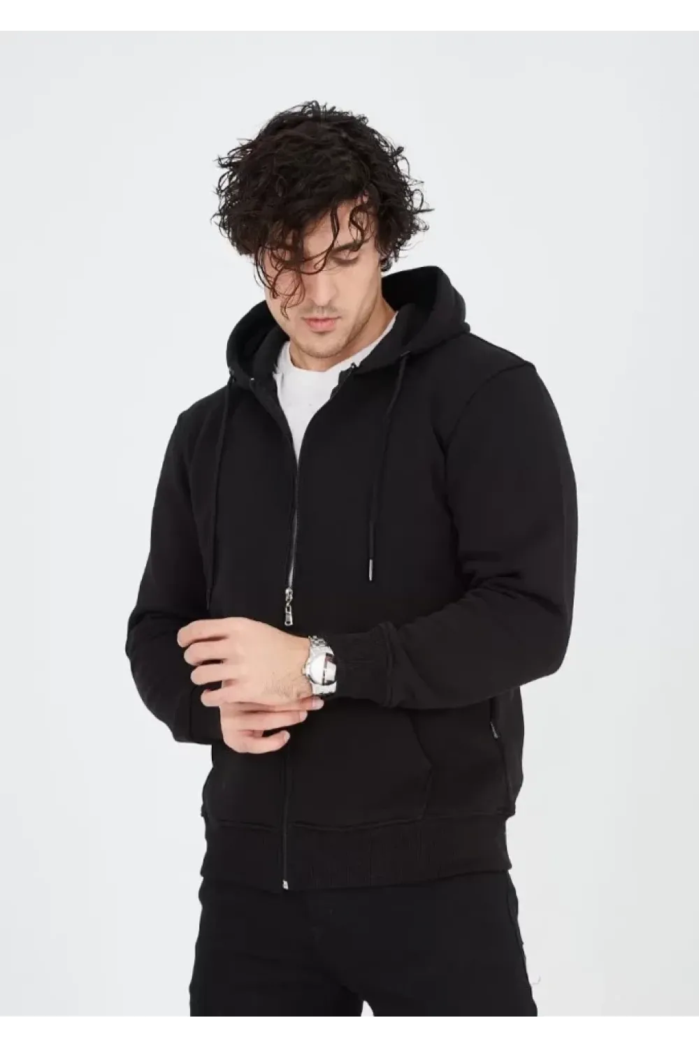 Unisex Tam Fermuarlı Kapşonlu  SweatShirt - Siyah
