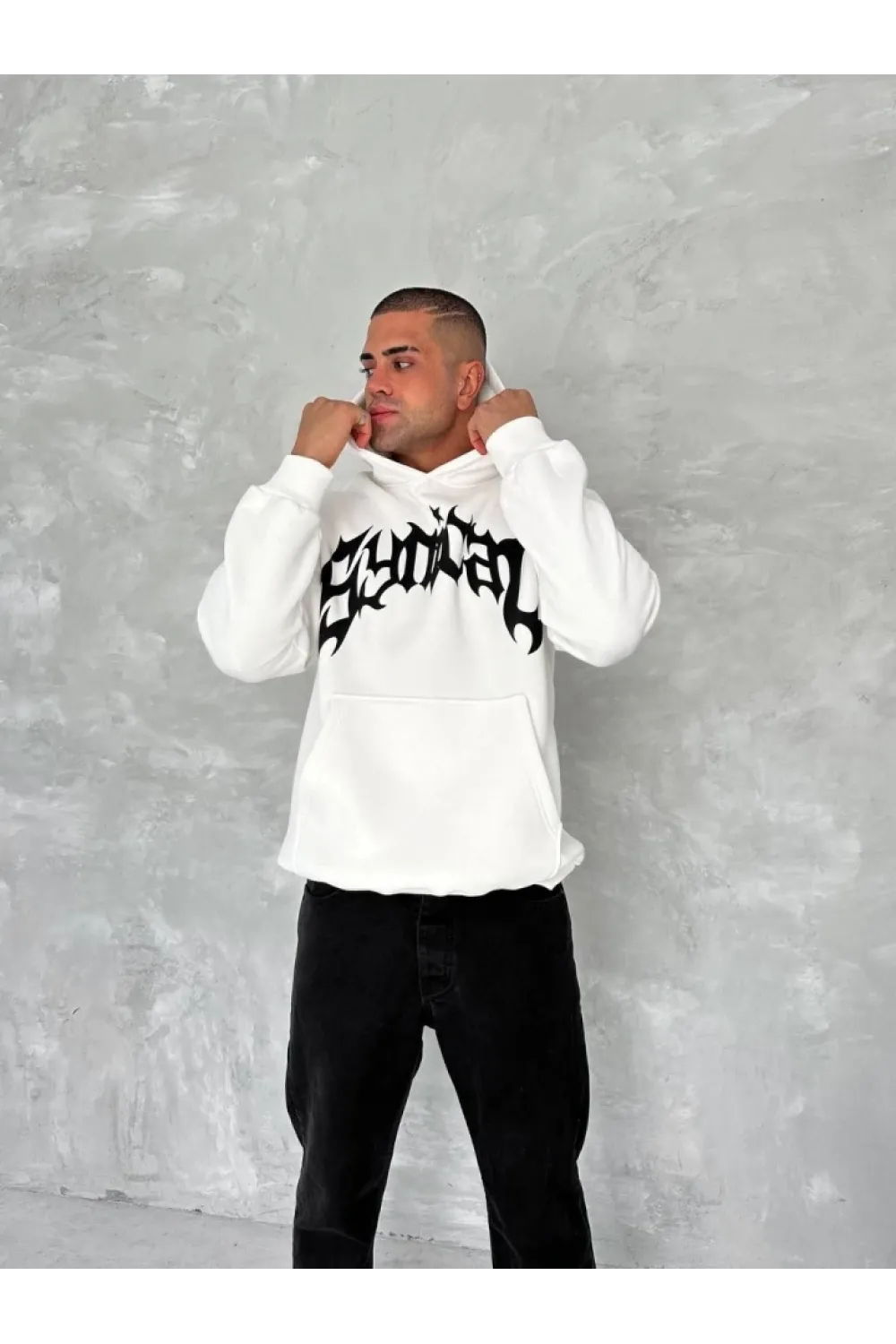 Unisex Üç İplik Kapşonlu Baskılı SweatShirt - Beyaz