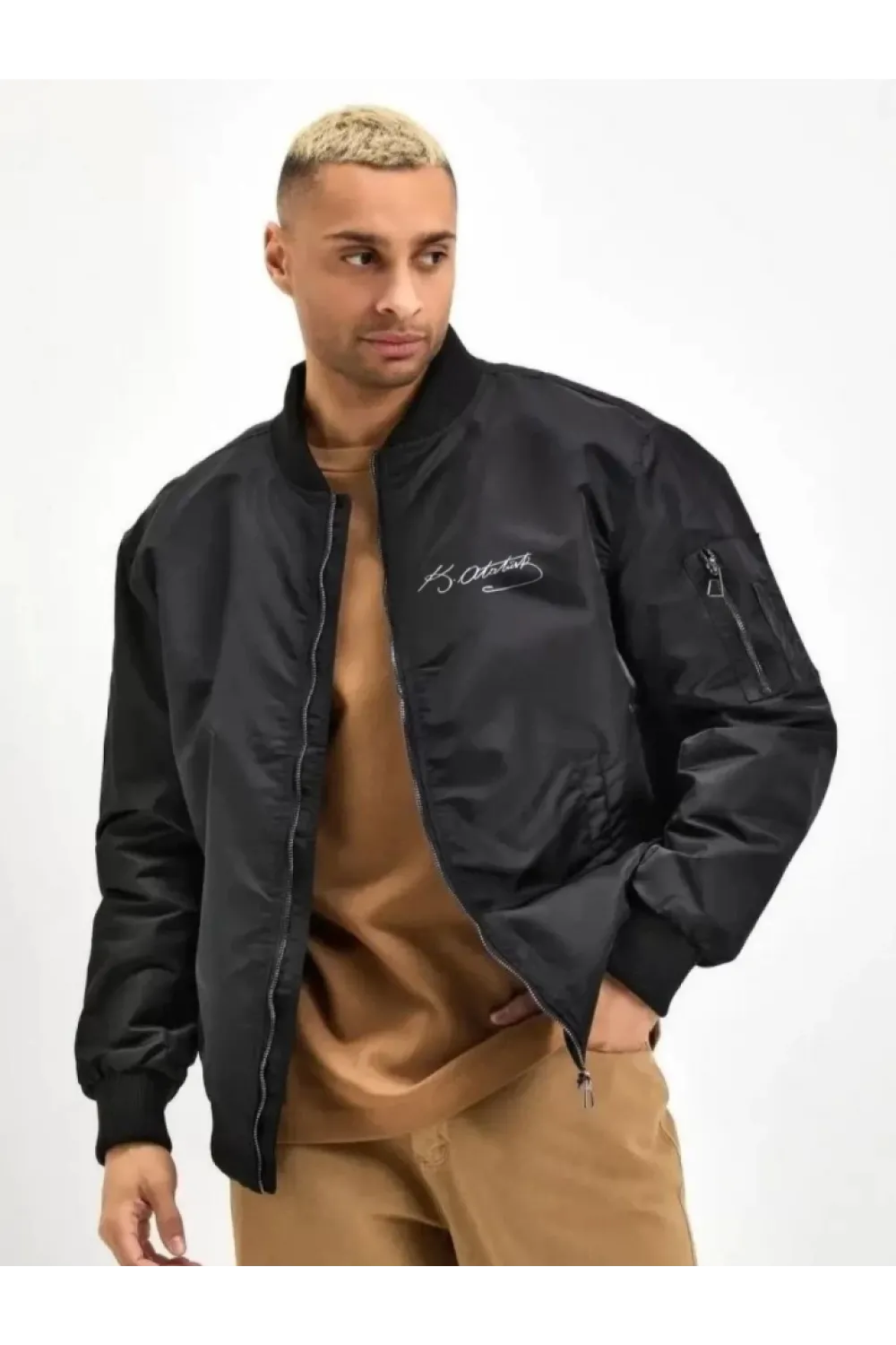 Unisex Uzun Kol Baskılı Bomber Ceket - Siyah
