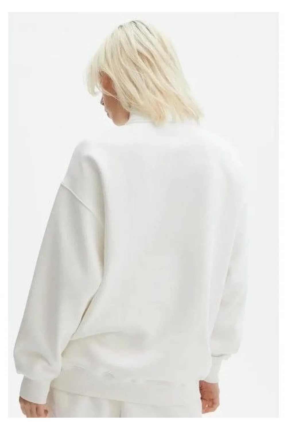 Unisex Uzun Kol Yarım Farmuarlı Yakalı Basic SweatShirt - Beyaz