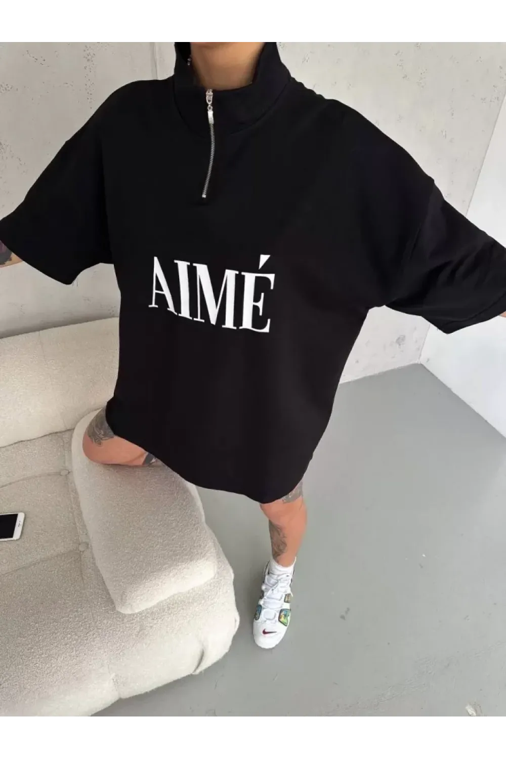 Unisex Yarım Fermuarlı Baskılı T-Shirt - Siyah
