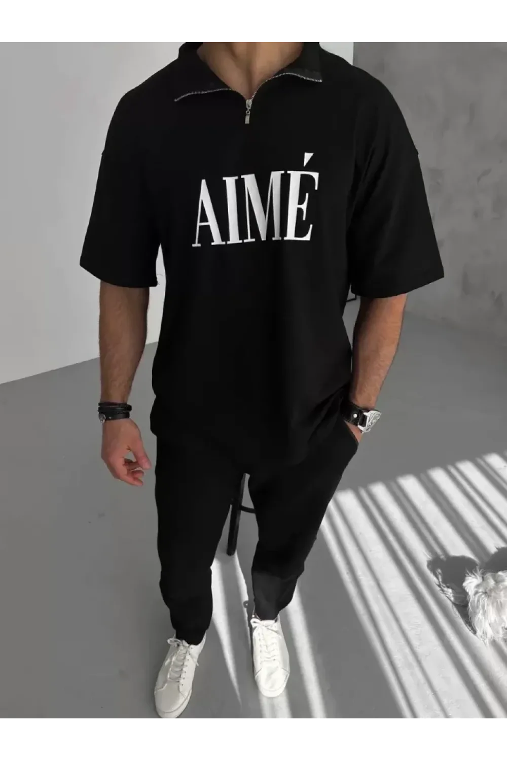 Unisex Yarım Fermuarlı Baskılı T-Shirt - Siyah