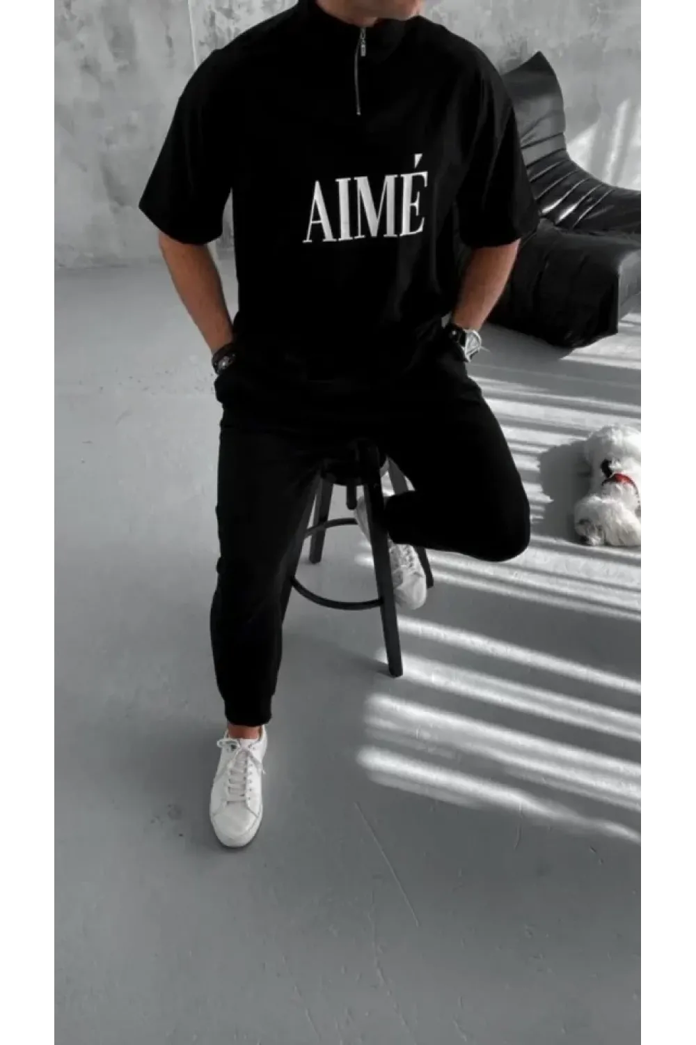 Unisex Yarım Fermuarlı Baskılı T-Shirt - Siyah
