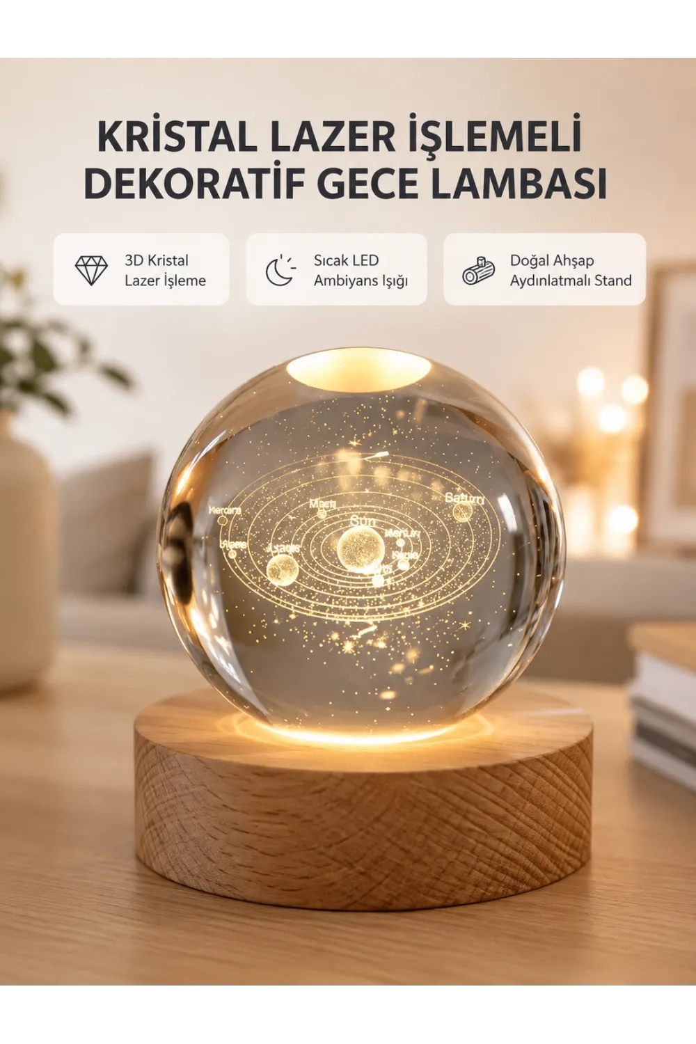 Usb Bağlantılı Işıklı Kristal Küre Modern Ahşap Tabanlı Dekor
