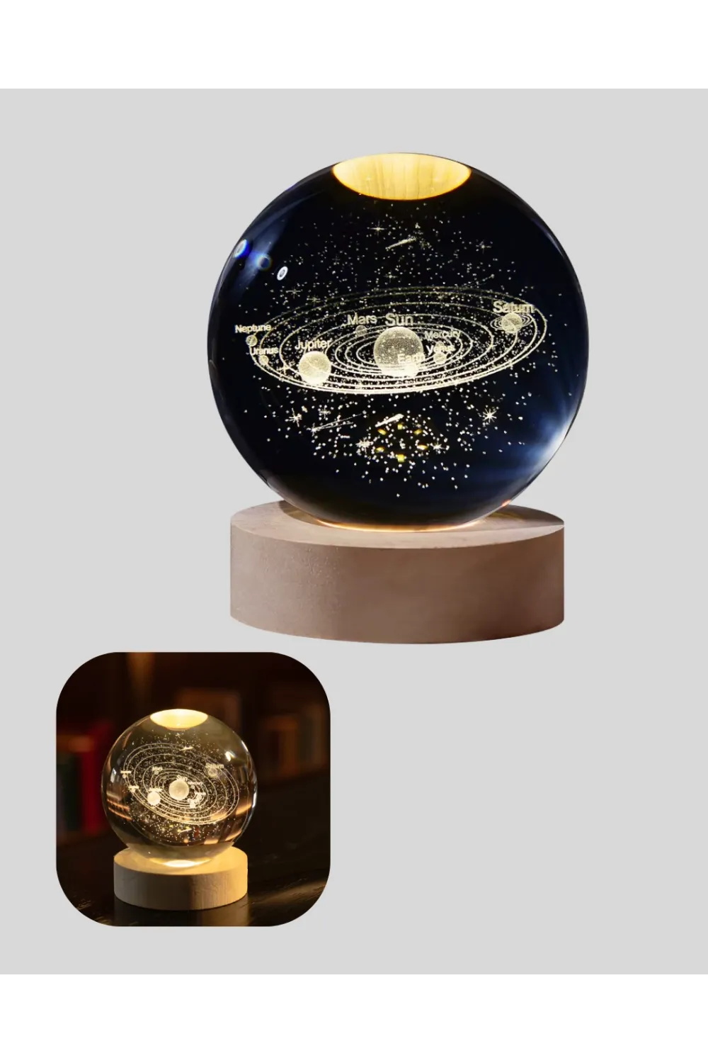 Usb Bağlantılı Işıklı Kristal Küre Modern Ahşap Tabanlı Dekor
