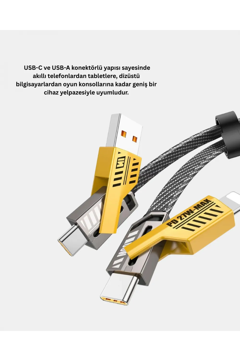 Usb-c Usb-a 4’ü 1 Arada Örgülü Kablo 65w Hızlı Şarj Metal Uç Dayanıklı