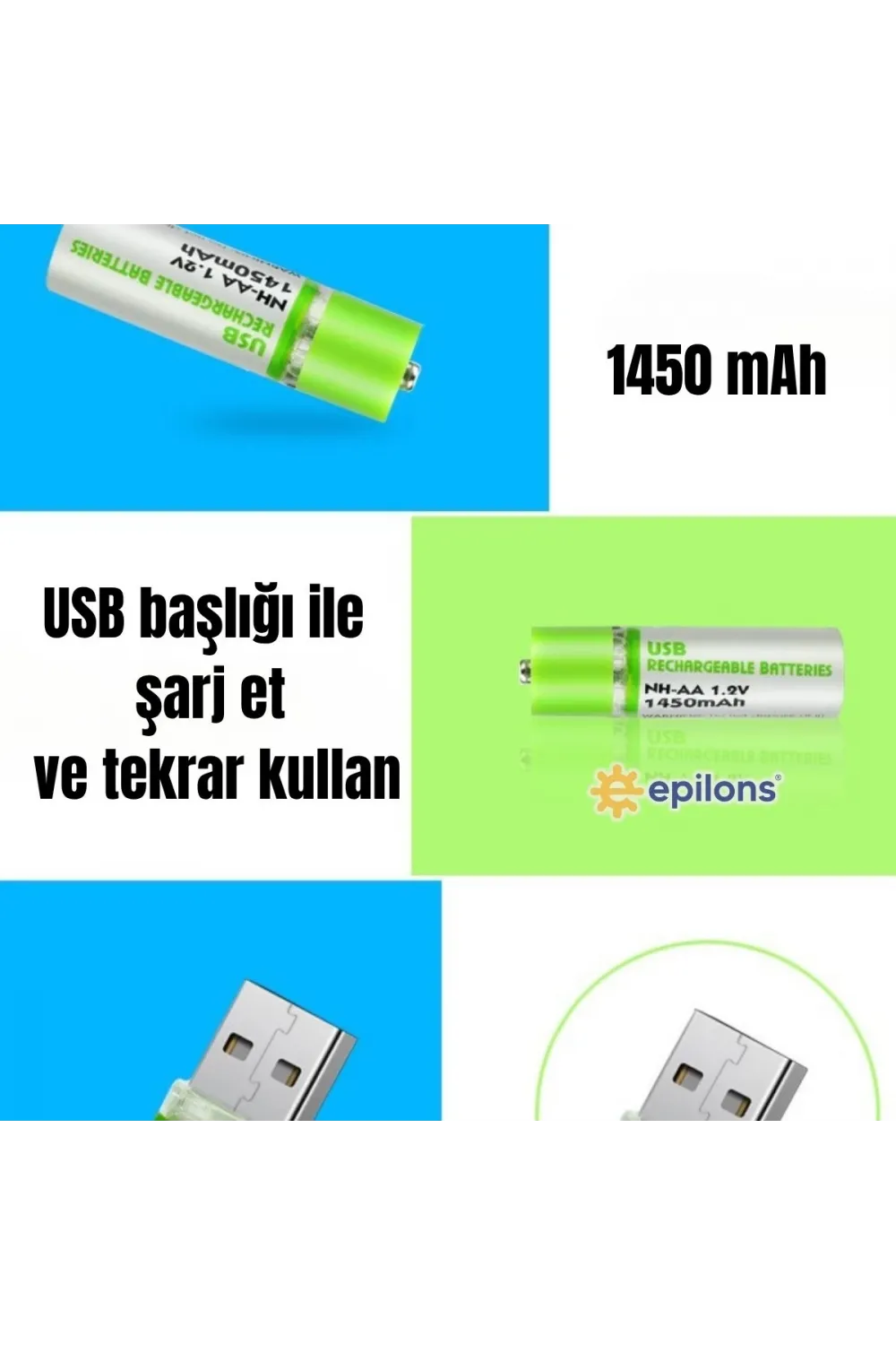 Usb ile Şarj Olabilen 2 li 1450 mah Lityum Kalın Şarjlı Kalem Pil