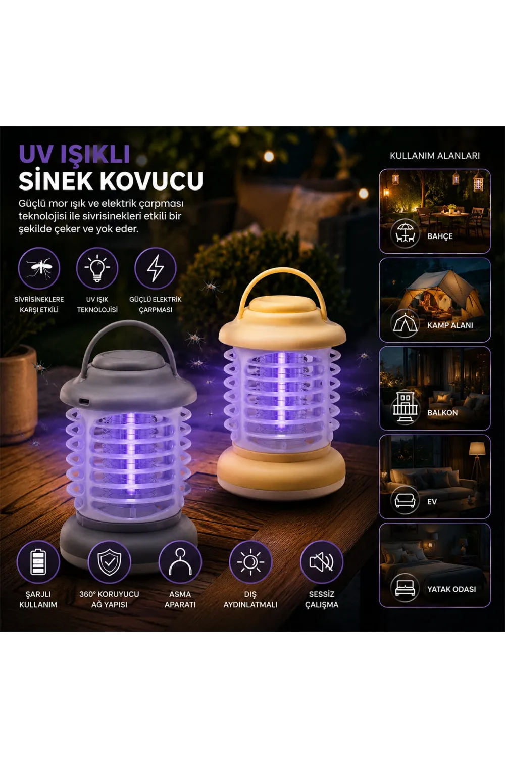 Usb Şarjlı - 2 Renk Işık Asma Aparat - Sessiz Çalışma Uv Işıklı Sinek Kovucu Hs-376