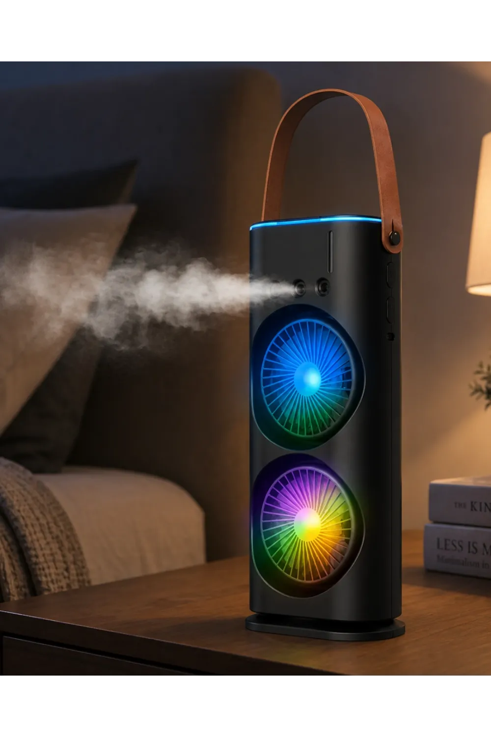 Usb Şarjlı Çift Başlıklı Buharlı Masaüstü Fan Sessiz Serinletici Işıklı Fan