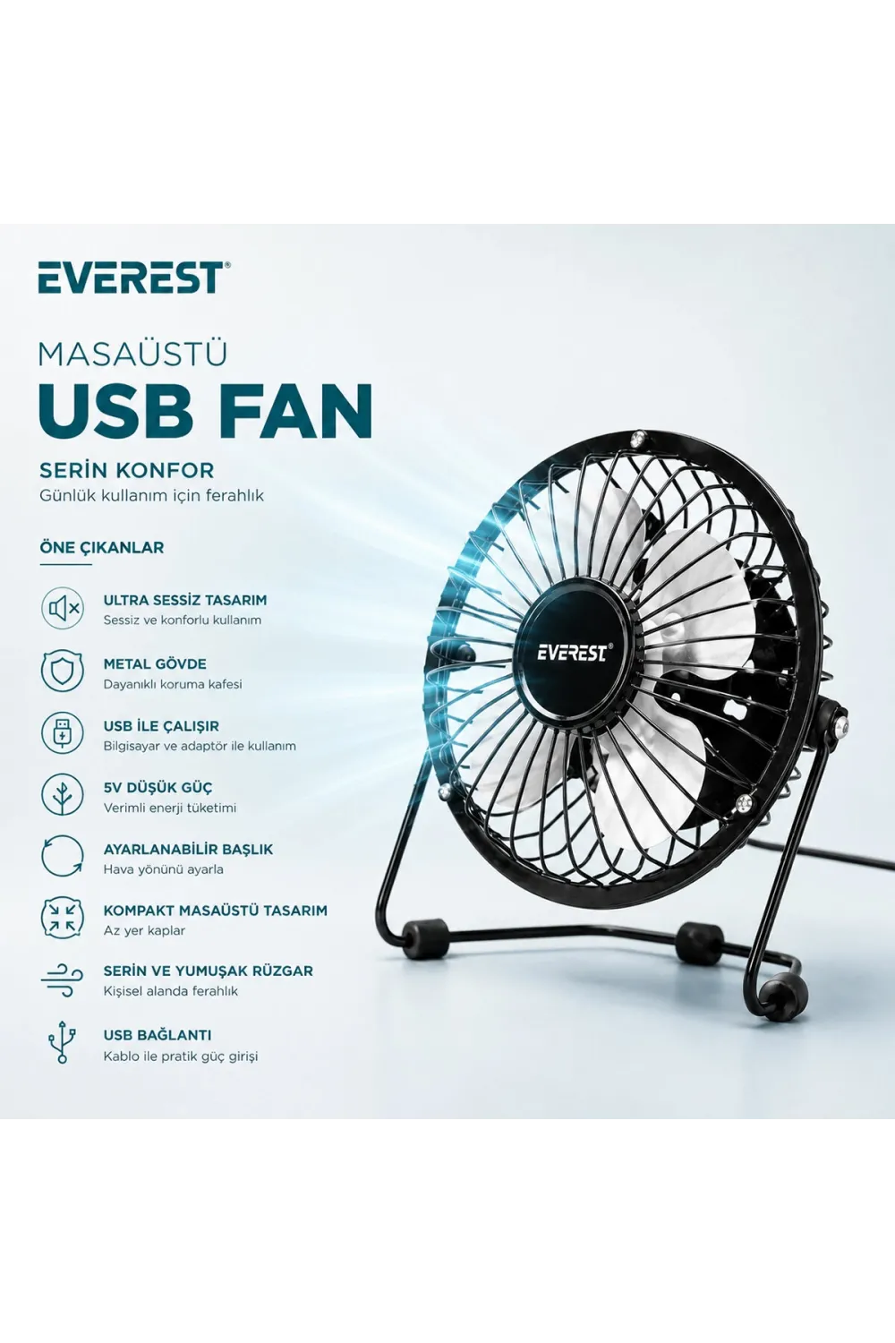 Usb Şarjlı - Metal Gövde 14.5x7.5x15cm Mini Masaüstü Fan - Vantilatör Efn-482