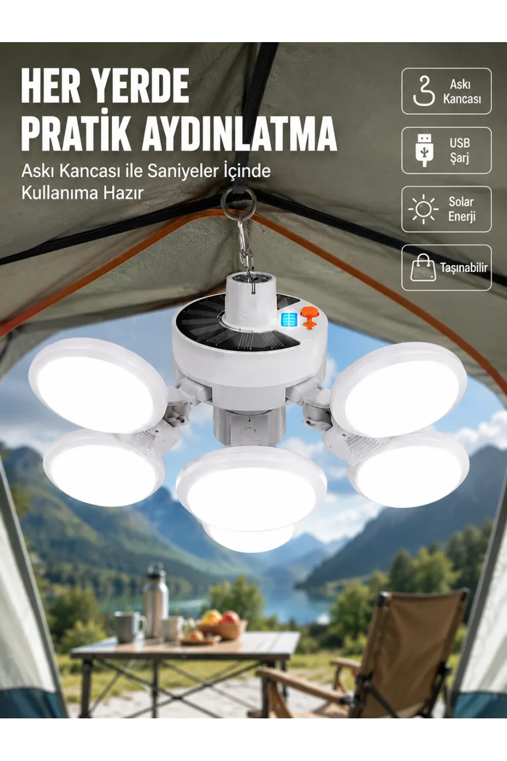 Usb Ve Solar Şarjlı Katlanabilir 5 Taraflı Led Lamba