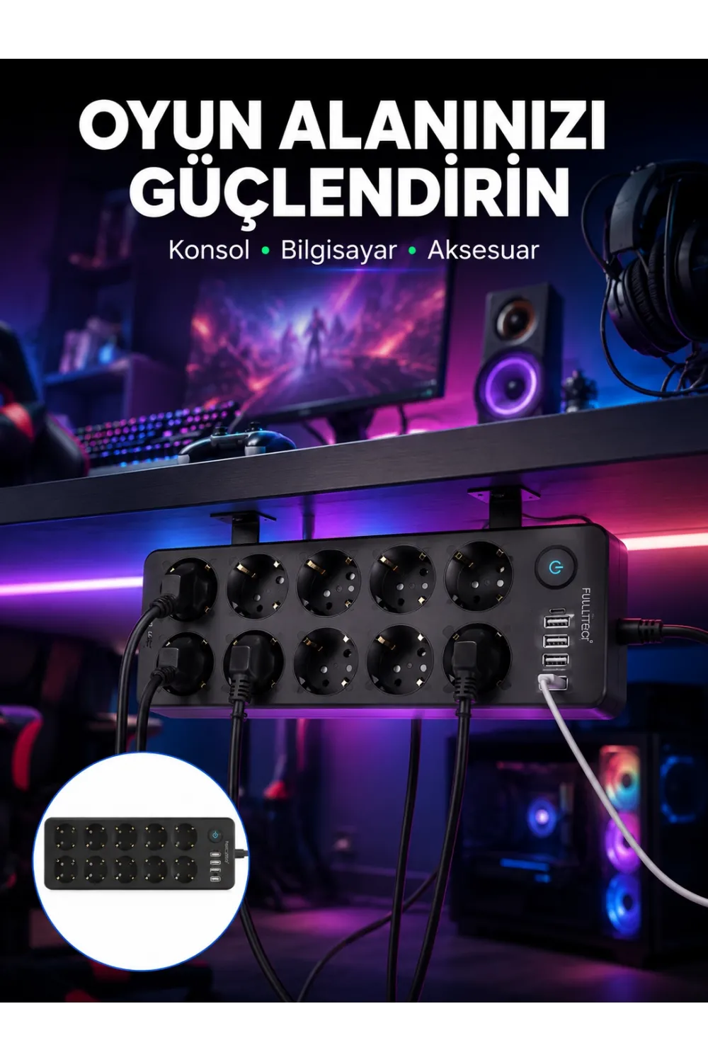 Usb Ve Type-c Çıkışlı 10lu Akım Korumalı Çoklu Priz Güç Dağıtıcı