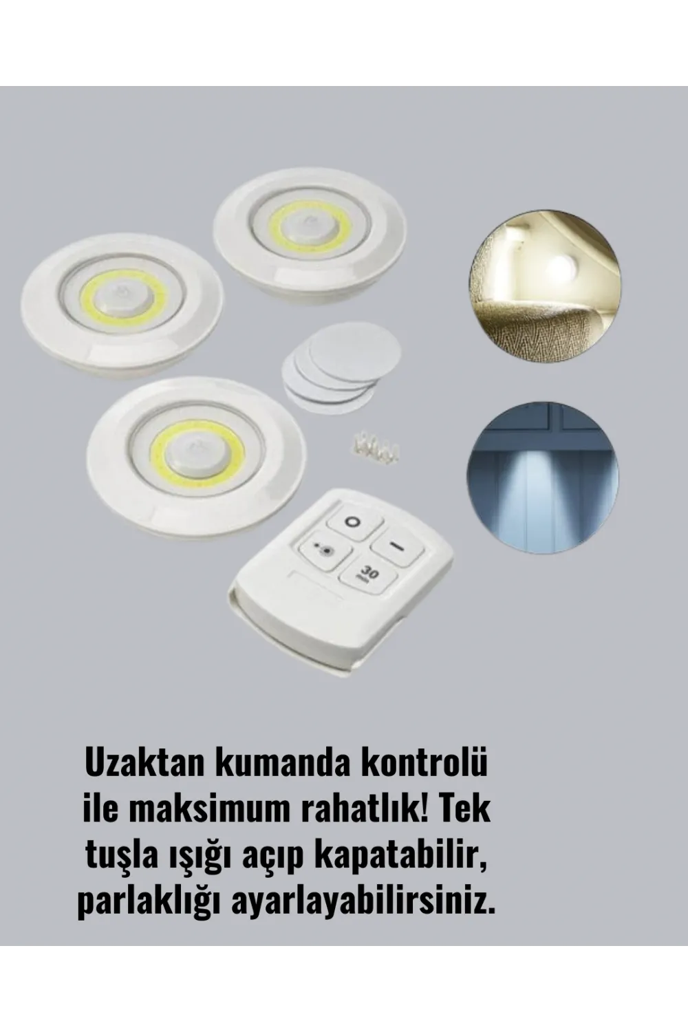 Uzaktan Kumandalı 3 Lü Kablosuz Led Spot Lamba Seti Yapışkanlı Pratik Kullanım