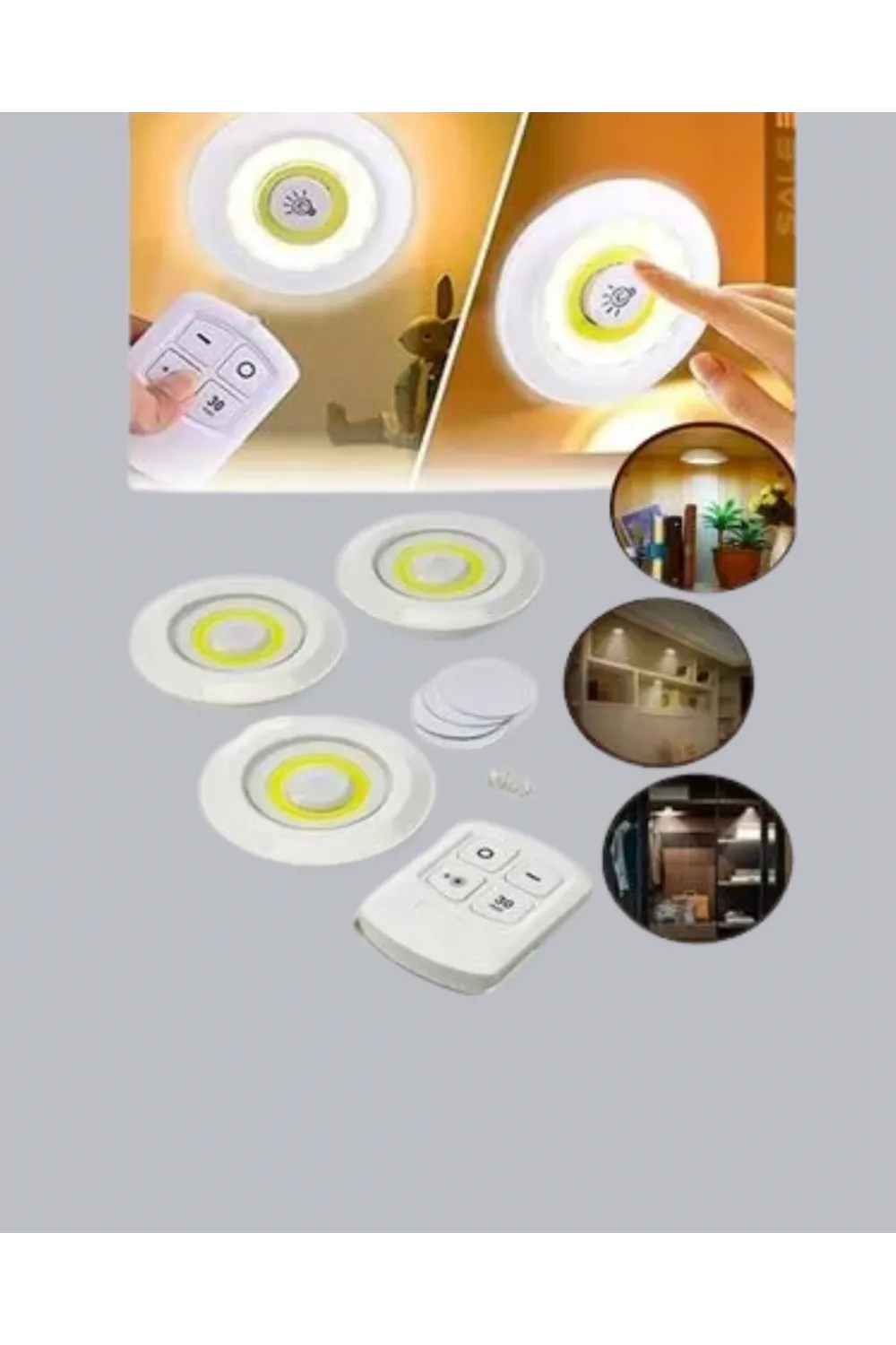Uzaktan Kumandalı 3 Lü Kablosuz Led Spot Lamba Seti Yapışkanlı Pratik Kullanım