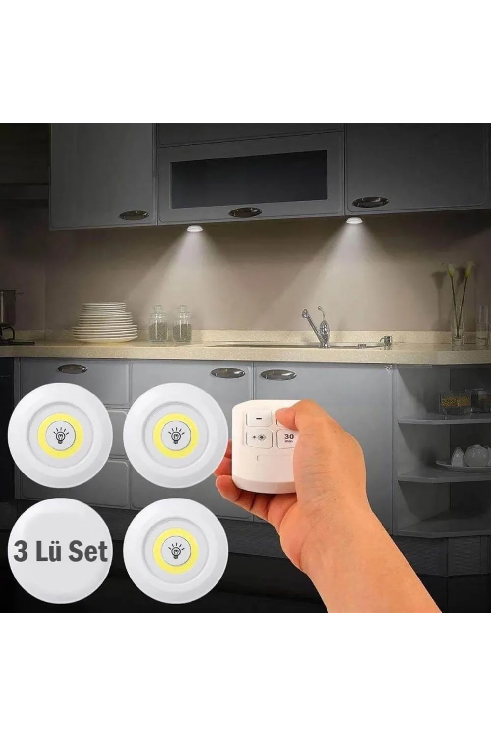 Uzaktan Kumandalı Yapışkanlı Kablosuz Pilli Led 3’lü