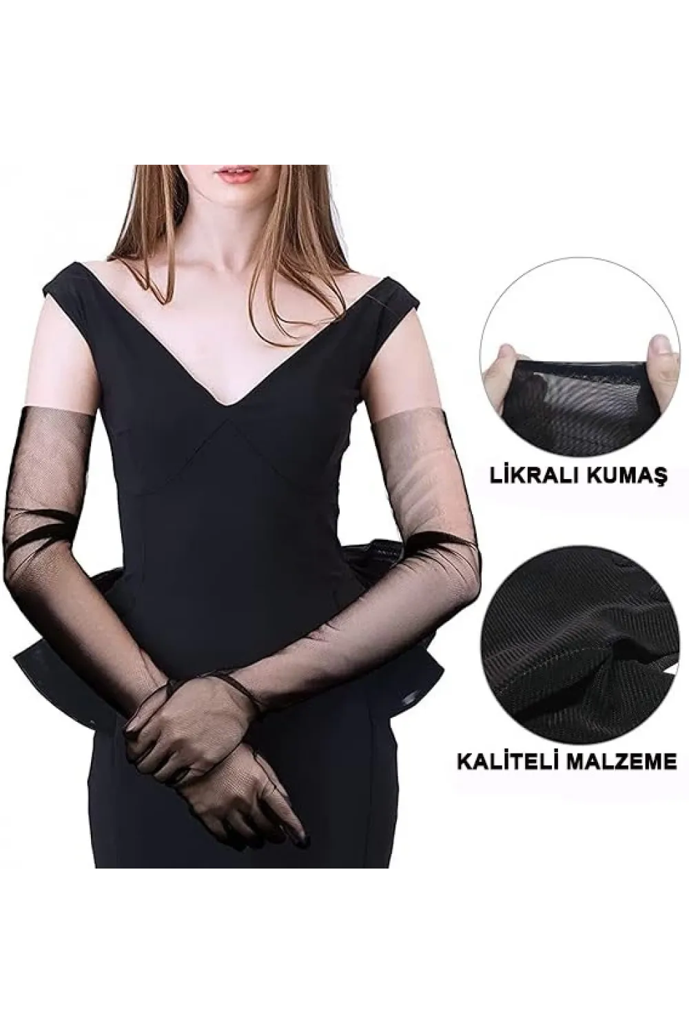 Uzun Boy Likralı Siyah Renk Yetişkin Mega Tül Eldiven 53 Cm