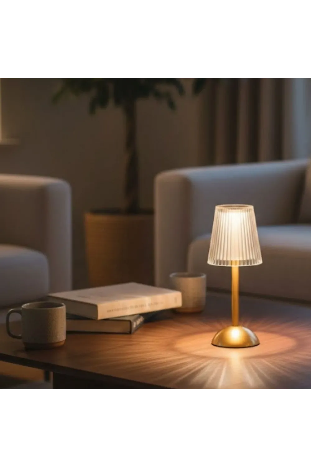 Uzun Klasik Çizgili Model Led Masa Lambası – Dokunmatik, 3 Renk Işık Modlu, Şarjlı Dekoratif Gece Lambası