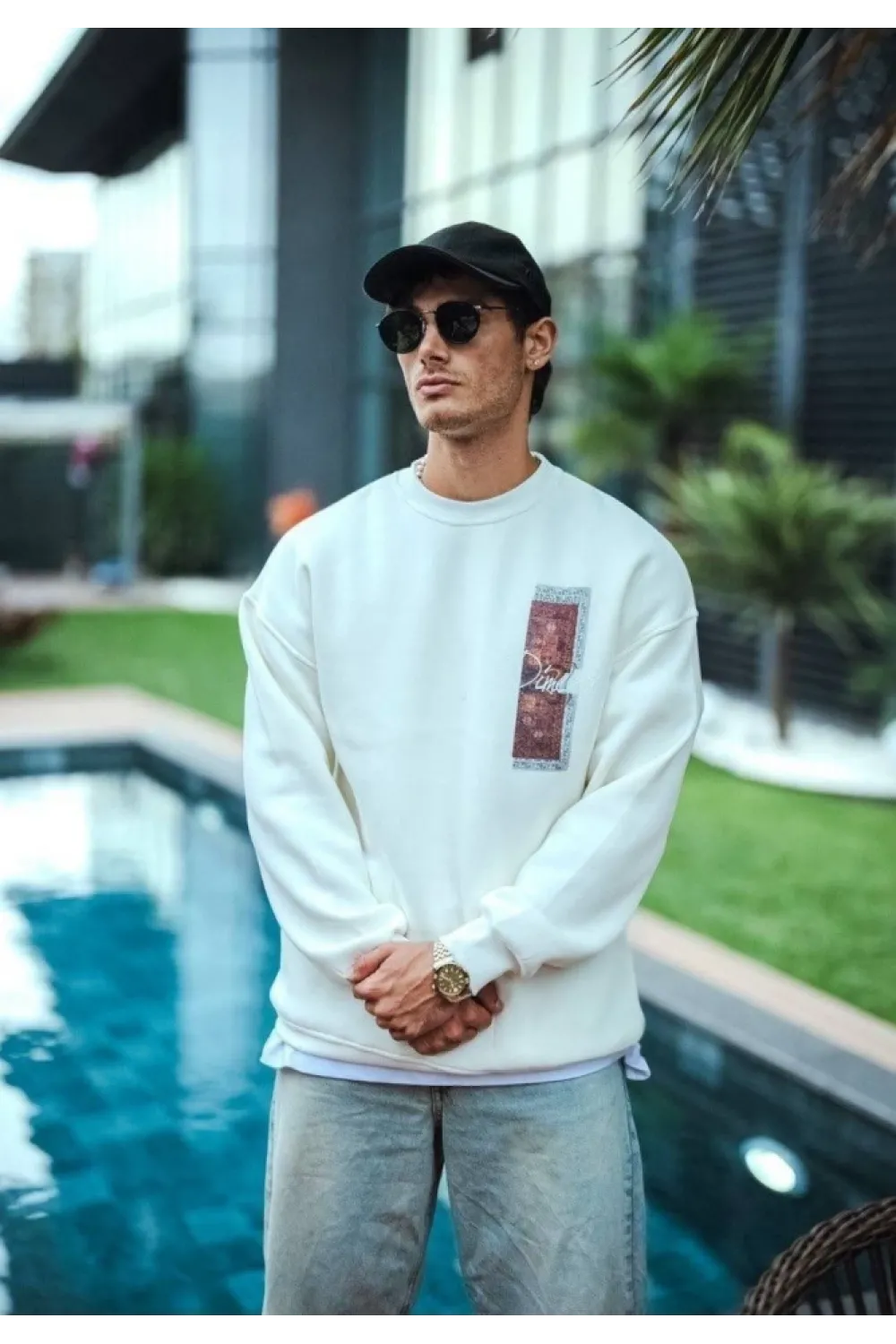 Uzun Kol Bisiklet Yaka Ön Ve Arka Baskılı SweatShirt - Beyaz
