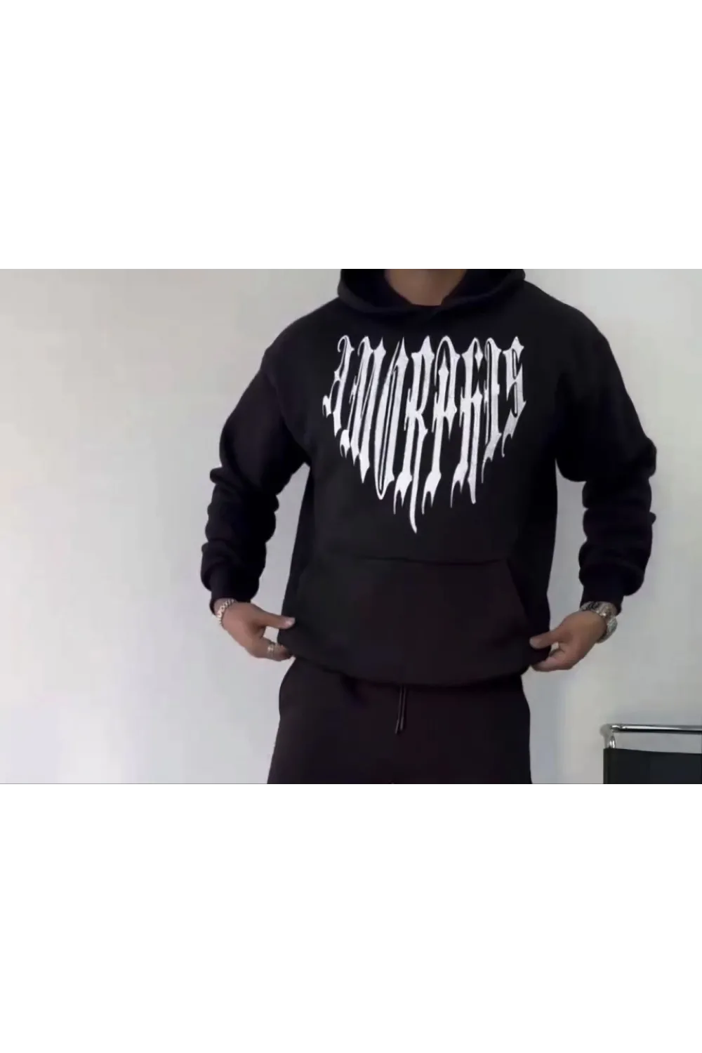 Uzun Kol Kapşonlu Baskılı SweatShirt - Siyah