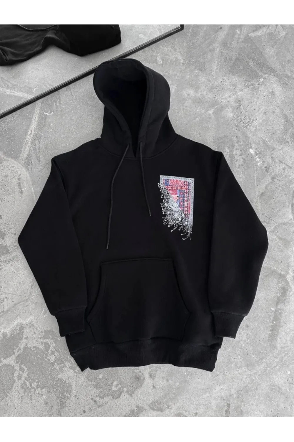 Uzun Kol Kapşonlu Ön Ve Arka Baskılı SweatShirt - Siyah