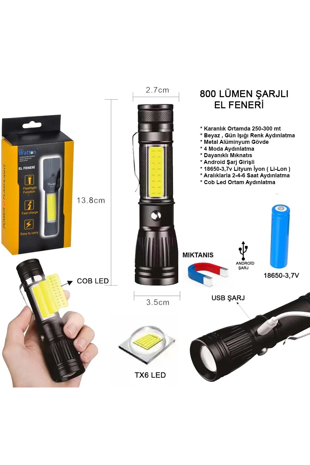 Uzun Menzilli El Feneri Mıknatıslı  Wt-602