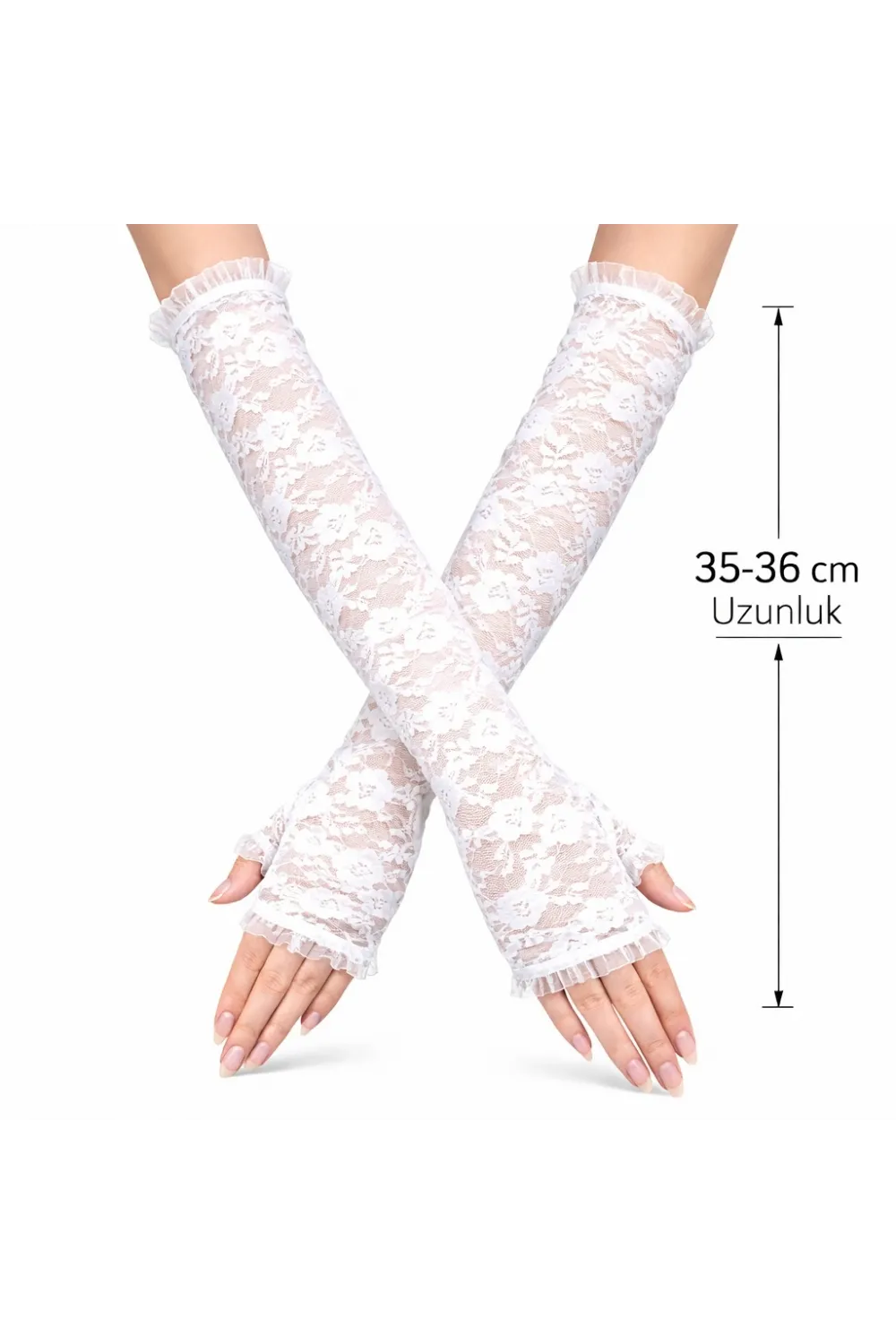 Uzun Zarif Dantel Eldiven Parmaksız Beyaz 35 cm