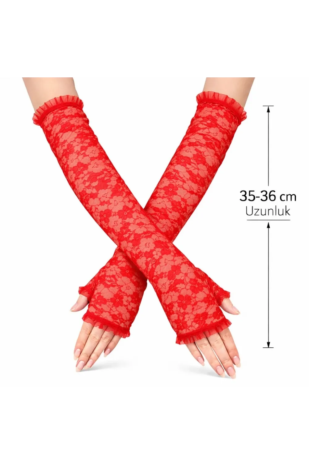 Uzun Zarif Dantel Eldiven Parmaksız Kırmızı 35 Cm