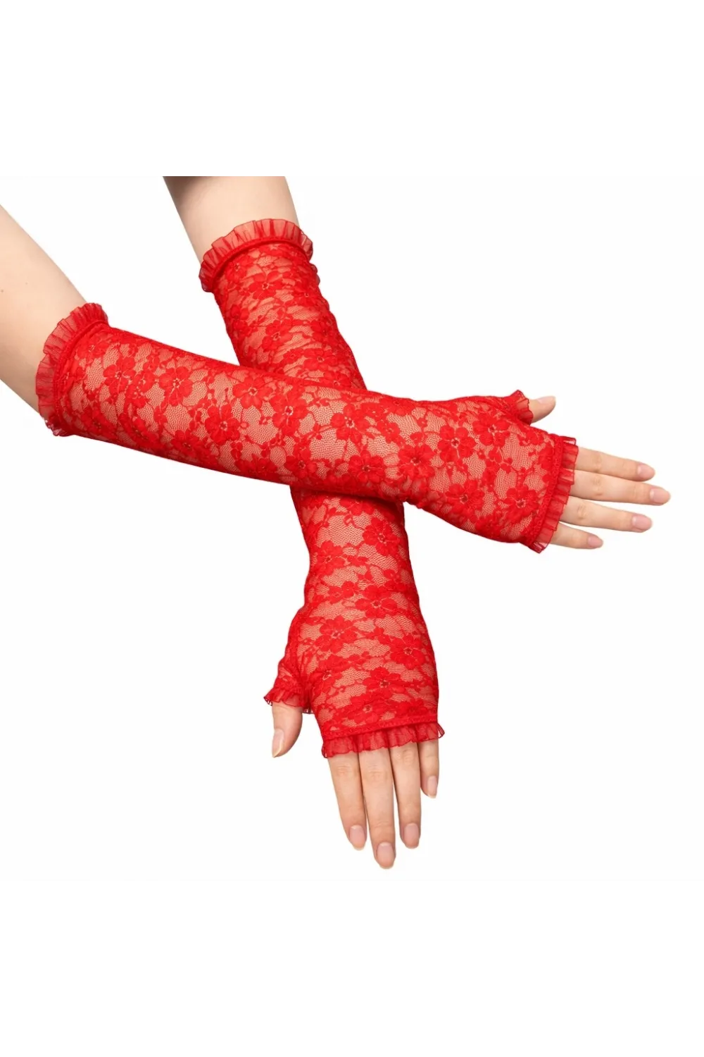 Uzun Zarif Dantel Eldiven Parmaksız Kırmızı 35 Cm