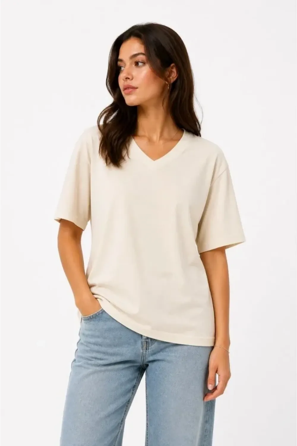 V Yaka Basic Tişört Kısa Kol Yazlık Regular Fit T-Shirt - Bej